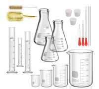Conjunto de vidrio para laboratorio: 4 vasos de medición, 3 cilindros, 3 buretas, pipetas y cepillos