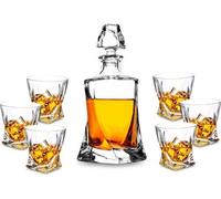 Conjunto de whisky Unyqoos® de 7 piezas: cristal 100% libre de plomo, jarra de 800 ml + 6 vasos de 300 ml, diseño clásico con detalles, caja de regalo de alta calidad, ideal para whisky y bourbon