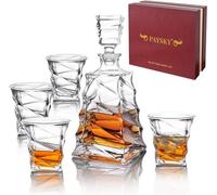 Conjunto de whisky Unyqoos®: jarra de cristal de 1000 ml + 4 vasos de whisky de 300 ml cada uno, con corte geométrico, bordes pulidos cortados con láser y diseño antidesborde