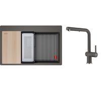 Conjunto fregadero de granito Franke Kanon 114.0749.643, grifo de cocina Franke Active L Pull-Out Spray 115.0721.464