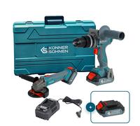 Conjunto Maestro Inalámbrico Könner & Söhnen - taladro percutor y amoladora angular con 2 baterías (4.0 Ah + 2.0 Ah) y cargador en maletín para trabajos de reparación en casa o taller. Batería adicion