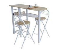 Conjunto mesa de cocina bar con estructura metálica y tabla de madera con 4 estantes + 2 taburetes plegables con patas blancas (taupe/blanca) 87 cm