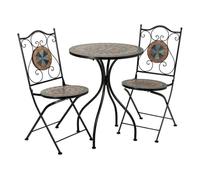Conjunto mesa y 2 sillas de mosaico y forja marrón, mesa:d60x75h-silla