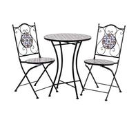 Conjunto mesa y dos sillas de mosaico y forja