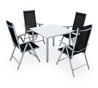 Conjunto mesa y sillas Berna 1+4 vidrio negro plata blanco