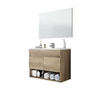 Miroytengo Conjunto mobiliario Aseo con Mueble suspendido 2 Puertas y Hueco, Espejo, lavamanos de pmma y Columna Colgante de diseño Actual y Moderno Dark wood -