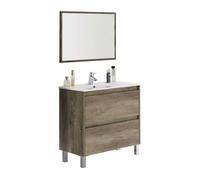 Conjunto mobiliario baño mueble lavabo + columna + espejo + lavabo pmma color roble diseño moderno 80 cm