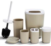 Conjunto moderno de 6 accesorios para baño Unyqoos®, color beige, fabricado en polipropileno (PP): cubo de basura, escobilla para inodoro, dispensador de loción, jabonera, vaso y soporte para cepillos