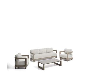 Conjunto Nerano con sofá de 3 plazas, 2 sillones y mesa de centro en cristal templado y aluminio color topo.