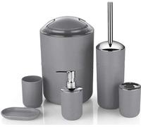 Conjunto premium para baño Unyqoos® de 6 piezas, fabricado con PP+ABS: dispensador de jabón (H17 cm), soporte para cepillos de dientes, vaso, jabonera, escobilla para inodoro y cubo de basura