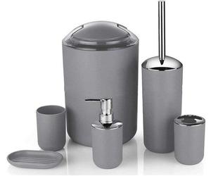 Conjunto premium para baño Unyqoos® de 6 piezas, fabricado con PP+ABS: dispensador de jabón (H17 cm), soporte para cepillos de dientes, vaso, jabonera, escobilla para inodoro y cubo de basura