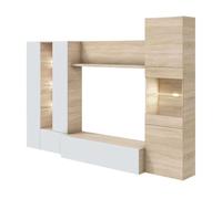 Conjunto salón nórdico con led blanco mate y roble canadian (mueble tv + mesa comedor extensible + mesa centro abatible) 260 cm