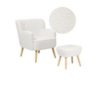 Conjunto Sillón Y Reposapiés Moderno Boho Tapizado Botones Blanco Liso Bouclé Tumba