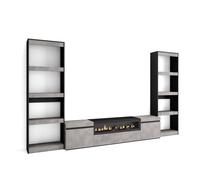 Conjunto Skraut Home, doble Estantería y Mueble TV con Fuego led efecto 3d, Veteado de madera Tacto poroso, 320x35x186cm CEMENT-Option B