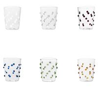 Conjunto Zafferano de 6 vasos para fiestas infantiles, fabricados en vidrio de borosilicato de colores con un vibrante diseño de puntos, ideales para servir licores o salsas elegantes