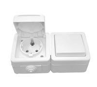 Conmutador 10A 250V y Base Schuko 16A 250V de superficie exterior IP54, ideal para instalaciones eléctricas en exteriores.
