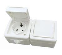Conmutador 10A 250V y base Schuko 16A 250V de superficie, IP54, blanco, ideal para exteriores, proporciona seguridad eléctrica.
