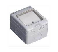 Conmutador estanco 16A/250V IP55, con indicador luminoso y tapa de plástico; ideal para exteriores y ambientes húmedos.