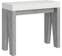 Consola extensible de 90x40/196 cm, color Naxy Mix, con tablero en blanco y roble claro, y estructura de cemento