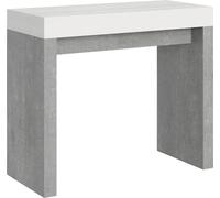 Consola extensible de 90x40/300 cm, modelo Roxell Mix, con tapa en madera de fresno blanca y estructura de cemento