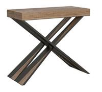 Consola Extensible De Diseño En Madera Natural Con Patas Cruzadas De Metal Gris Diair De 40 A 196 Cm-soporte 2 Pies-3 Alargaderas Finas