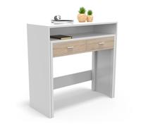 Consola extraible, mesa escritorio extensible, mesa estudio, con cajones y balda, 90 x 37 x 86,5 cm blanco / roble dormidán
