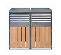 Contenedor de basura 132x80x124,5 cm - con ventilación de lamas, cerrable, 2 puertas, área para plantas - gris/madera
