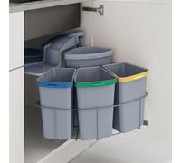 Contenedor de basura empotrable "Kollby", 3 compartimentos de 6 litros y 1 compartimento de 12 litros, abatible, de plástico con tapa, color gris