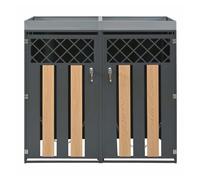 Contenedor de basura exterior 132x80x124,5 cm - con orificios de ventilación en forma de rombo, compartimentos para residuos, cerradura, dos puertas y superficie para plantas - gris y madera