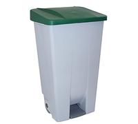 Contenedor de Reciclaje con Pedal 120L Gris con Tapa Verde - Cubo de Basura Selectivo con Ruedas y Asa Ergonómica, Plástico Resistente y Fácil Limpieza | Denox