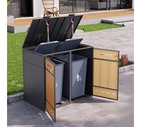 Contenedor de residuos "okwish", armario de clasificación de residuos, con dos compartimentos, tapa abatible y puerta frontal, ideal para terrazas, balcones y jardines, color gris y madera