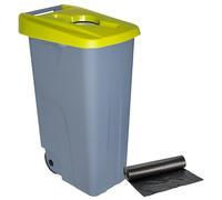 Contenedor de Residuos Reciclo 110L Amarillo con Tapa Abierta y Ruedas - Plástico Resistente, Encajable, Asa Ergonómica, Ideal para Envases y Colectividades | Denox