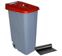 Contenedor de Residuos Reciclo 110L Rojo con Tapa Abierta y Ruedas - Plástico Resistente, Encajable, Asa Ergonómica, Ideal para Residuos Sanitarios y Colectividades | Denox