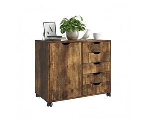 Contenedor rodante Relaxdays, 5 cajones y 2 estantes, H x A x F: 65 x 78 x 40 cm, archivador con Ruedas, Oficina, marrón