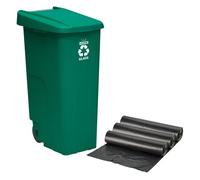 Contenedor wellhome reciclo 110 litros, cerrado con tapa, ideal para reciclaje de vidrio, con ruedas + 3x bolsas de basura de 10 unidades