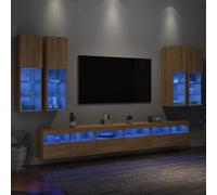 Contrachapado resistente a humedad LED RGB set pared roble sonoma 30 | Muebles de TV de pared con luces LED RGB 7 piezas roble sonoma centro de entretenimiento flotante moderno para sala y oficina