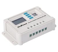 Controlador de carga PWM Alcapower de 10A, 12V/24V, con detección automática, doble salida USB y protección térmica, ideal para sistemas fotovoltaicos.
