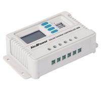 Controlador de carga solar PWM Alcapower de 20A para sistemas de 12V/24V, con detección automática, salida USB dual e protección integrada IP22.