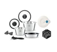 cookvision Juego de 10 piezas para principiantes, color negro, 2 ollas de acero inoxidable y 1 sartén para todo tipo de cocinas, 1 tapa de cristal, 1 asa, ahorro de espacio, accesorios innovadores