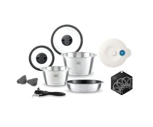 cookvision Juego de 10 piezas para principiantes, color negro, 2 ollas de acero inoxidable y 1 sartén para todo tipo de cocinas, 1 tapa de cristal, 1 asa, ahorro de espacio, accesorios innovadores