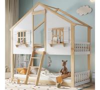 Coolywood Litera, cuna, hermosas ventanas y techo, pino + MDF + madera contrachapada, blanco y natural, 90 x 200 cm