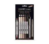 COPIC Ciao 5+1 Set «Warm Grey Tones», 5 rotuladores Dobles con Punta Mediana y Punta de Pincel, Incl. Multiliner Negro 0,3 mm