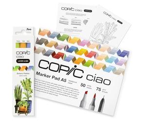 COPIC Ciao LAYER & MIX Starter Set Botanic, juego de rotuladores con 3 colores diferentes, papel de rotulador y plantilla de dibujo para calcar, incl. hoja de ejercicios de familiarización