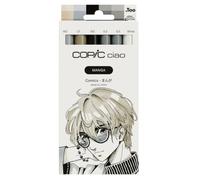 COPIC Ciao MANGA Set Comics, set de rotuladores con 3 tonos grises a juego, incluye rotulador de pintura en blanco, 2 Multiliner de 0,3 y 0,5 mm en negro, rotulador doble