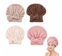 Coral Velvet Cute Bow Bath Cap, Hair Drying Caps for Women, New Super Absorbent Hair Towel Wrap for Wet Hair, Bow Cap Towel, Hair Towel Cap for Home Travel and Bathing，A 4PCS