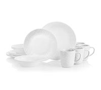 Corelle Juego de vajilla de 16 piezas de tejido de lino en relieve, servicio para 4, color blanco