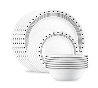 Corelle Juego de vajilla de 18 piezas, bloque de ciudad, servicio en blanco y negro para 6, vajilla resistente a las astillas, incluye platos llanos de 26 cm, platos de ensalada de 17 cm y cuencos de