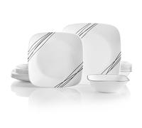 Corelle Juego de vajilla de 18 piezas, Simple Sketch, blanco y negro para 6, vajilla resistente a las astillas, incluye platos cuadrados de 26 cm, platos cuadrados de ensalada de 17 cm y cuencos