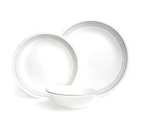 Corelle Juego de vajilla (juego de 12 piezas, gris místico) - El juego de vajilla para 4 incluye 4 platos llanos, platos laterales y cuencos, 3 veces más duraderos, la mitad del espacio y el peso de