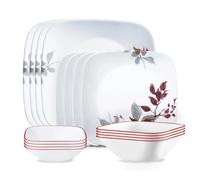 Corelle Kyoto Leaves - Juego de vajilla de 16 piezas, servicio para 4, cuencos de 8 platos, resistentes a astillas y roturas, vajilla y utensilios de cocina, color blanco